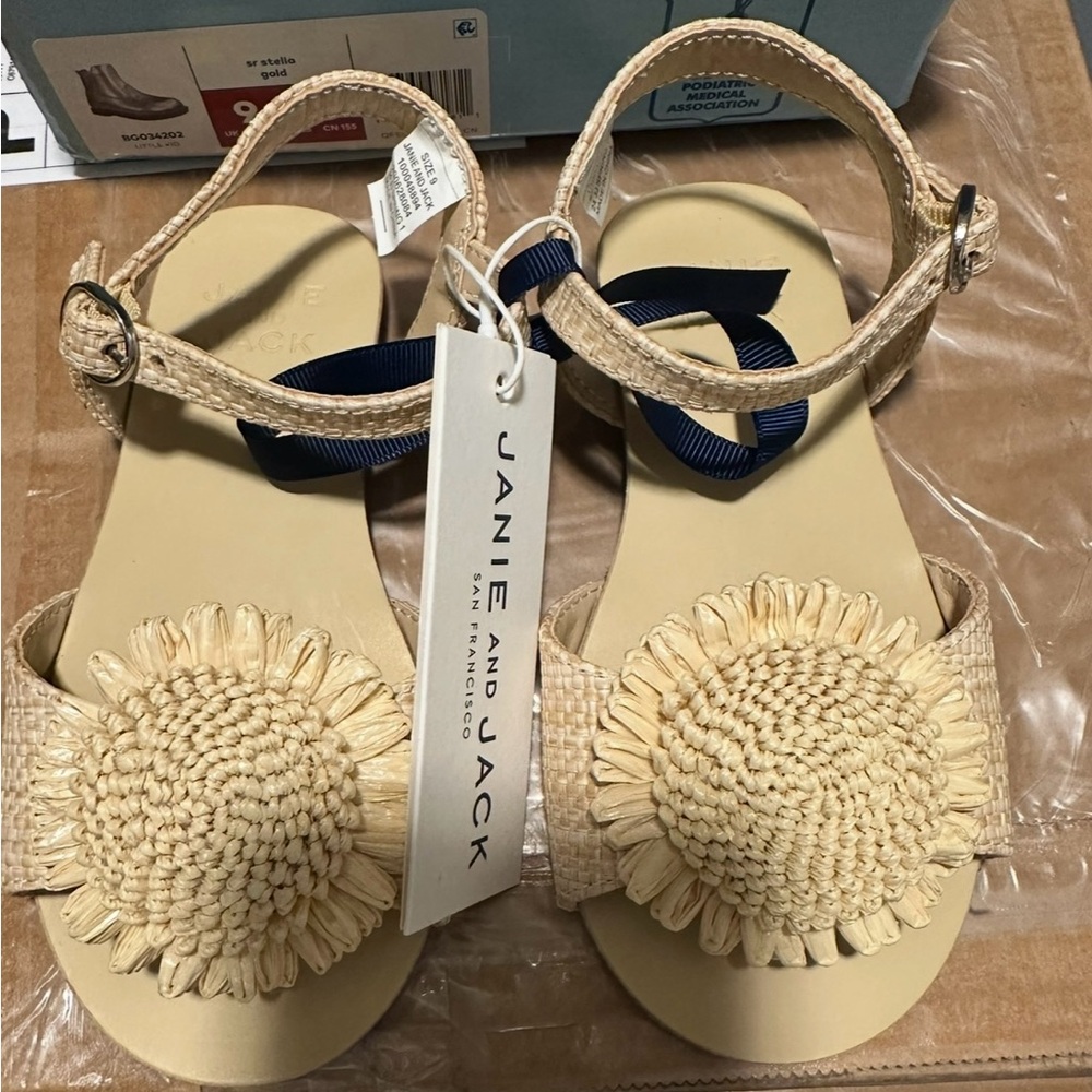 Janie and Jack Tan Sandals with Woven Floral Accent